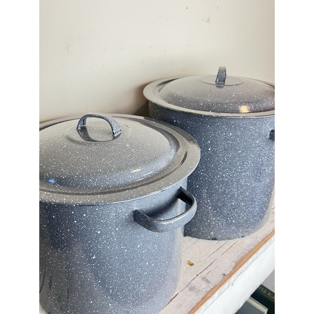 Vintage Grey Speckled Enamelware Set Of Nesting Stock Pots Country Home Camping